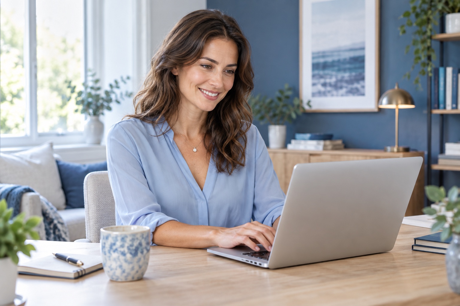 Smiling woman using her laptop at home